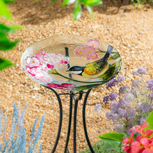 Load image into Gallery viewer, Glass Bird Bath, Hummingbird & Hydrangea, 18in