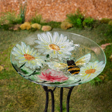 Load image into Gallery viewer, Hand Painted Glass Bird Bath, Daisies & Bee, 18in