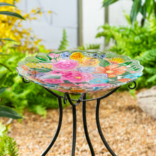 Load image into Gallery viewer, Embossed Glass Bird Bath, Bundle of Flowers, 18in