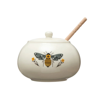 Stoneware Honey Jar with Honey Dipper, Bee Design