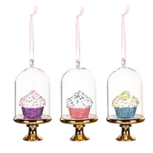 Load image into Gallery viewer, Plastic Cupcake in Cloche Ornament, 3 Asst