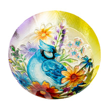 Load image into Gallery viewer, Glass Blue Bird With Flowers Bird Bath, 18in