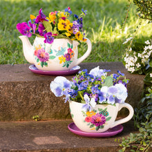 Load image into Gallery viewer, Pot, 6in, Ceramic, Floral Teapot w/ Saucer, Purple