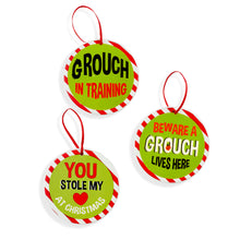 Load image into Gallery viewer, Ceramic Grinch-Themed Disc Ornament, 4in, 3 Styles