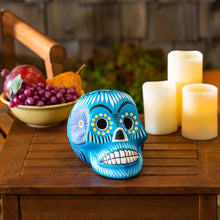 Load image into Gallery viewer, Teal Floral Skull Head Ceramic Statue