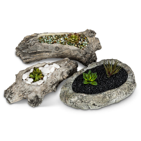 Planter, 11in, Cement, Slim Faux Log