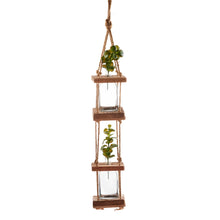 Load image into Gallery viewer, Hanging Pine & Glass Double Vase with Flax Rope