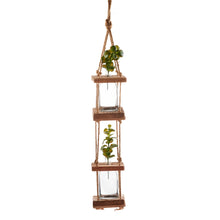Load image into Gallery viewer, Hanging Pine &amp; Glass Double Vase with Flax Rope
