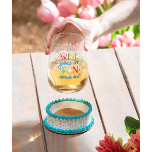 Stemless Wine Glass w/Coaster Base, Fun Comes Out