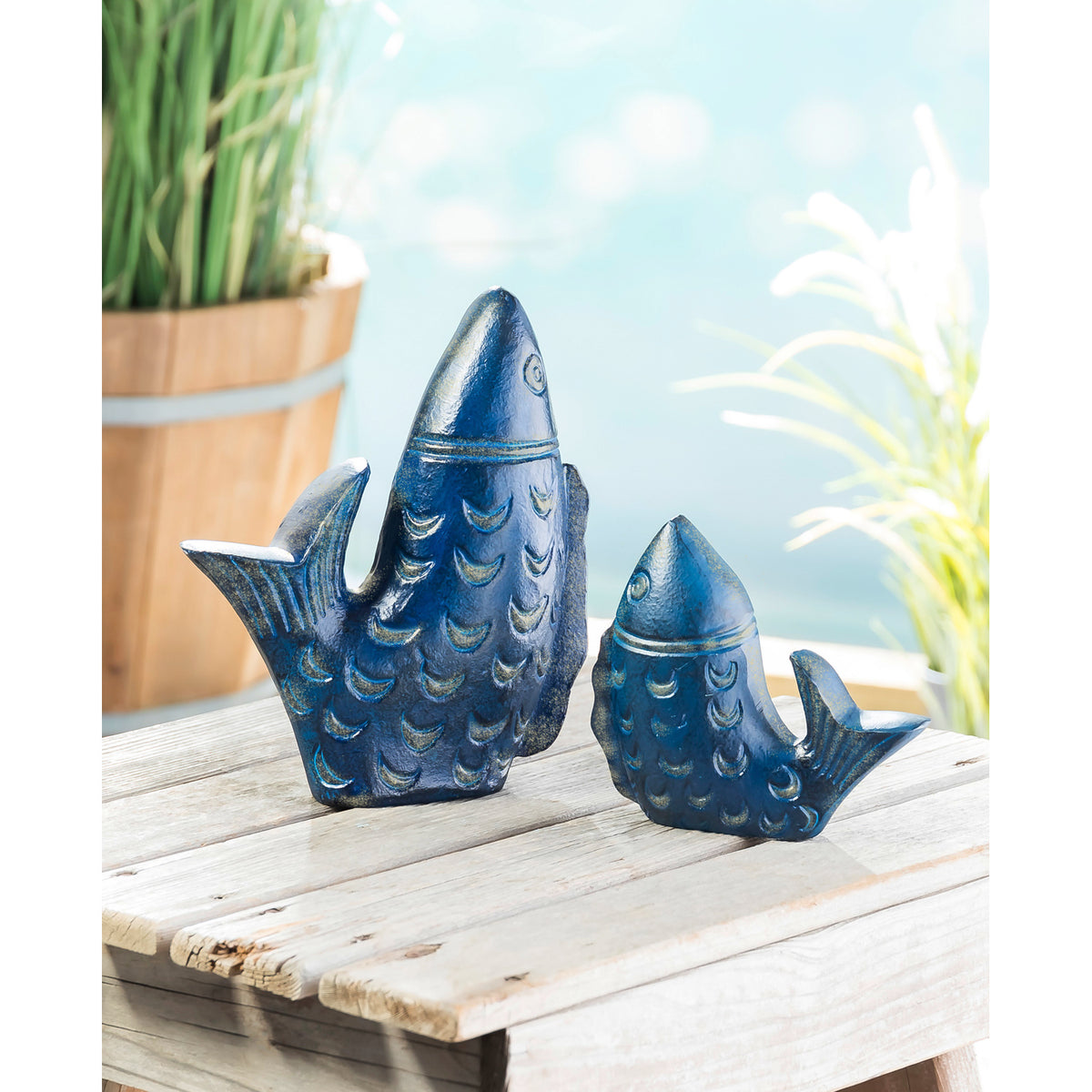 Gallery Detail: Artisan Distressed Metal Blue Fish Statue 9 5In