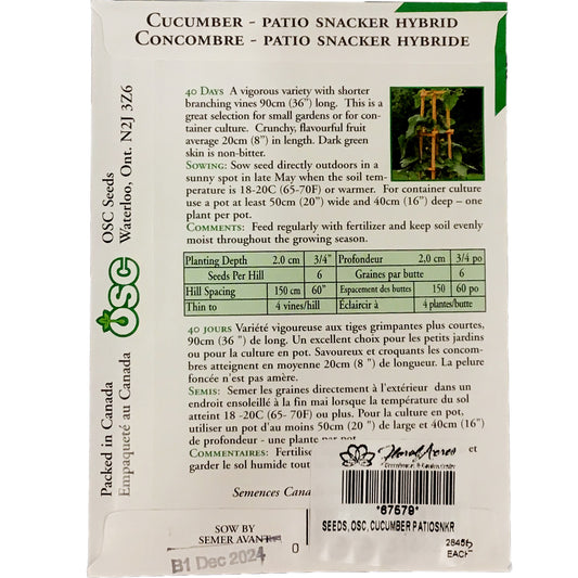 Cucumber - Patio Snacker Seeds, OSC