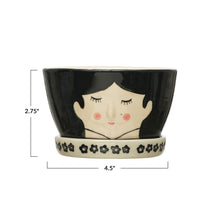 Load image into Gallery viewer, Pot, 4in, Stoneware, Black-Haired Girl with Saucer