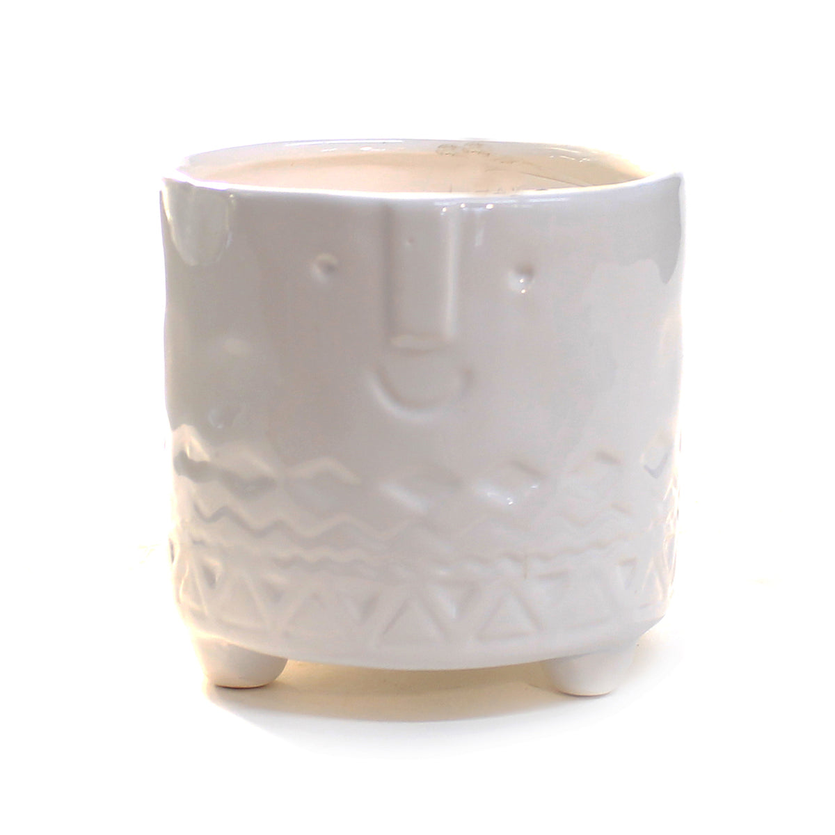 Pot, 4in, Ceramic, Friendly Face, Footed, White