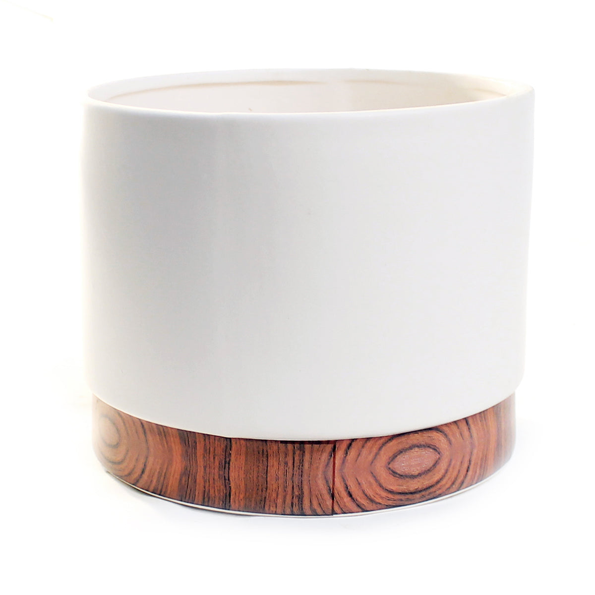 Pot, 6in, Ceramic, Matte White w/ Wood Grain Base
