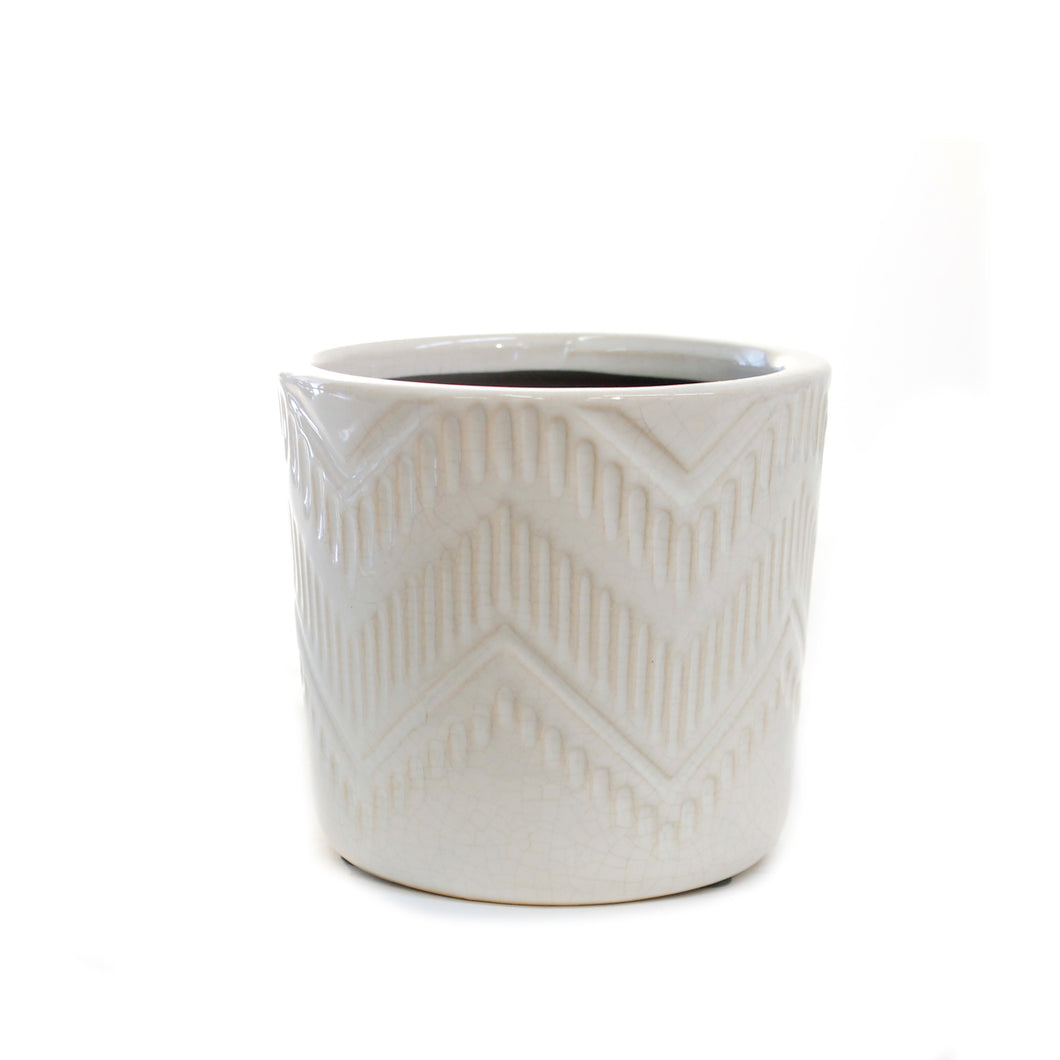 Pot, 4in, Ceramic, Glazed Chevron Pattern, White