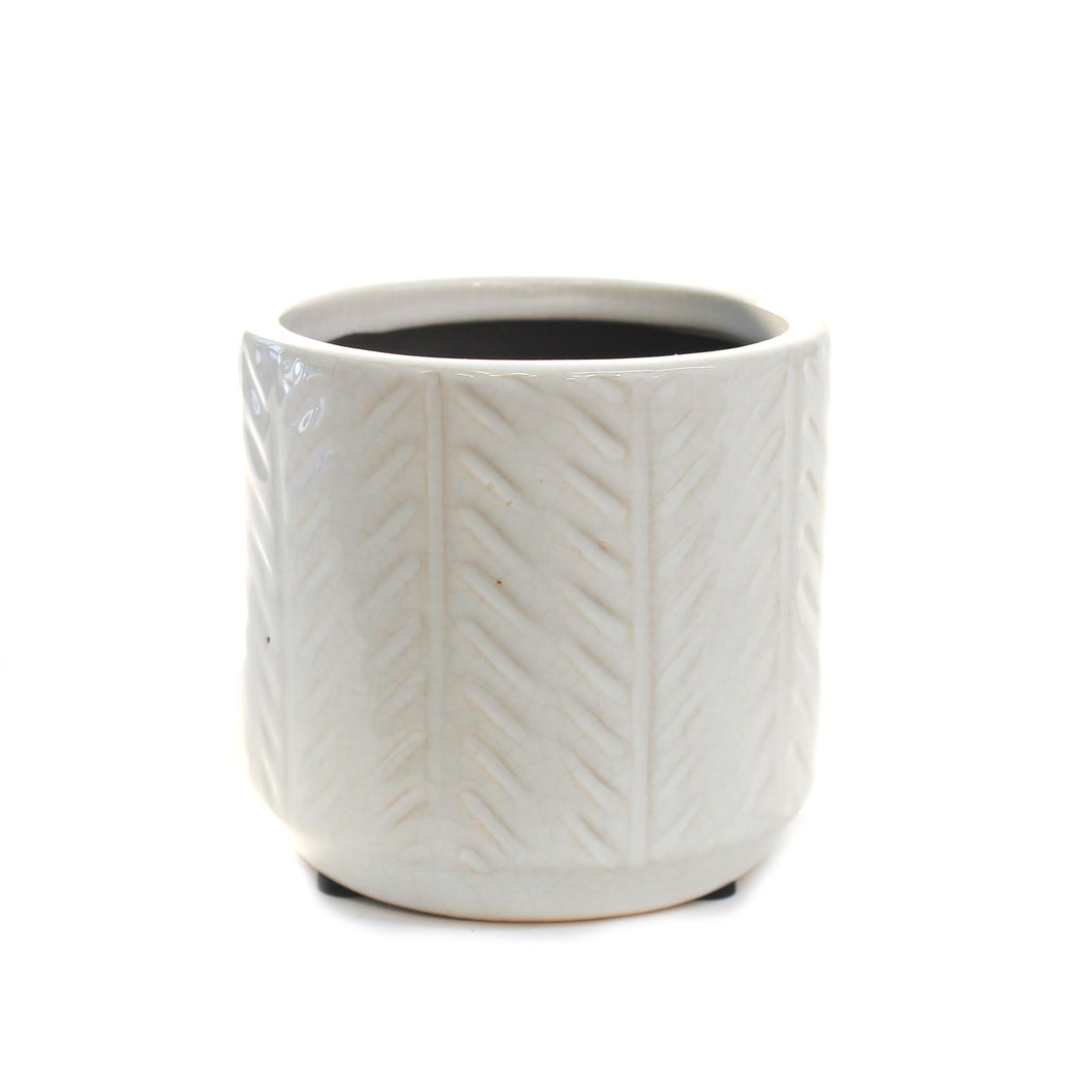 Pot, 4in, Ceramic, Glazed Feathered Pattern, White