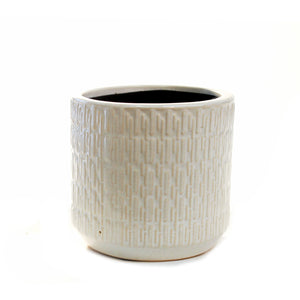 Pot, 4in, Ceramic, Glazed Dashed Lines, White