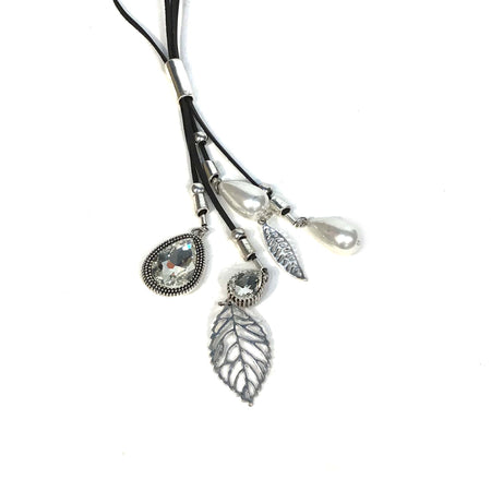 Multi-Jewel and Leaf on Cord Necklace, Silver