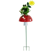 Load image into Gallery viewer, Froggy Mushroom Metal Solar Garden Stake, 41in
