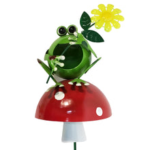 Load image into Gallery viewer, Froggy Mushroom Metal Solar Garden Stake, 41in
