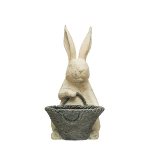 Resin Rabbit Statue with Basket, Antique White