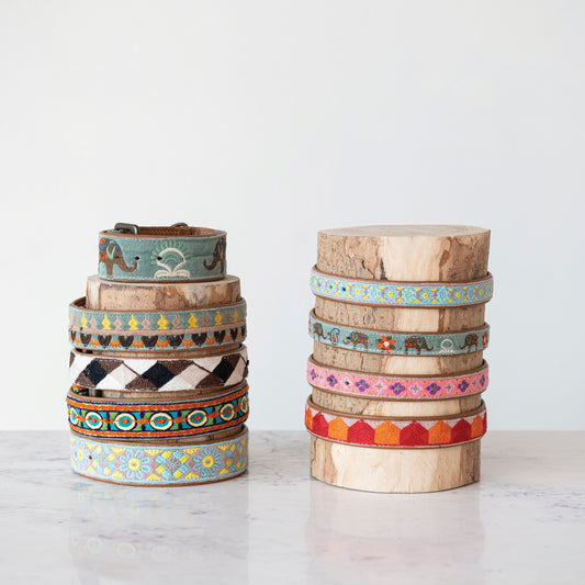 Cotton & Leather Dog Collar with Embroidery, Large