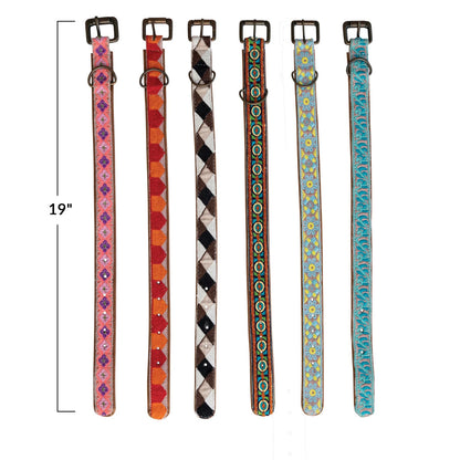 Cotton & Leather Embroidered Dog Collar, Medium