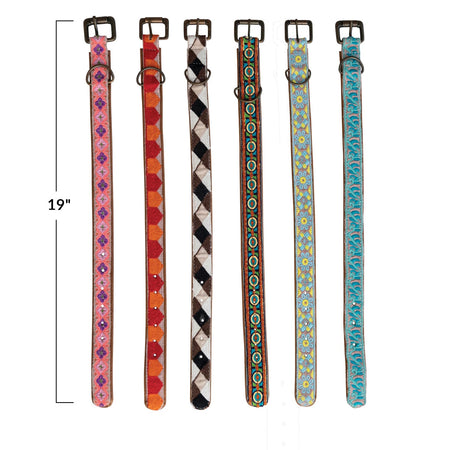 Cotton & Leather Embroidered Dog Collar, Medium