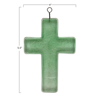 Recycled Glass Hanging Cross, Green, 5.5in