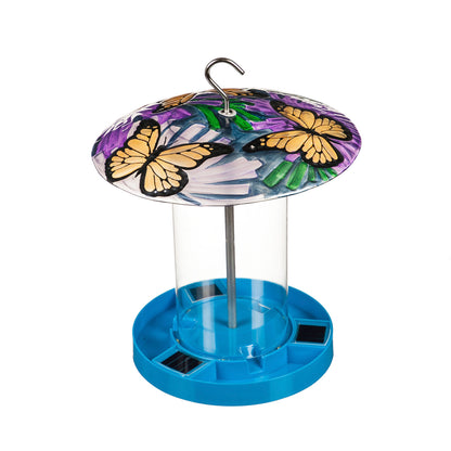 Glass Solar Bird Feeder, Butterflies w/ Blue Base