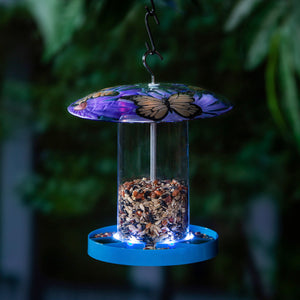 Glass Solar Bird Feeder, Butterflies w/ Blue Base