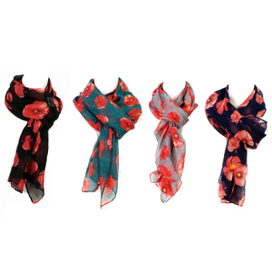 Ladies Fashion Long Scarf, Poppy Print, 4 Asst