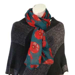 Ladies Fashion Long Scarf, Poppy Print, 4 Asst