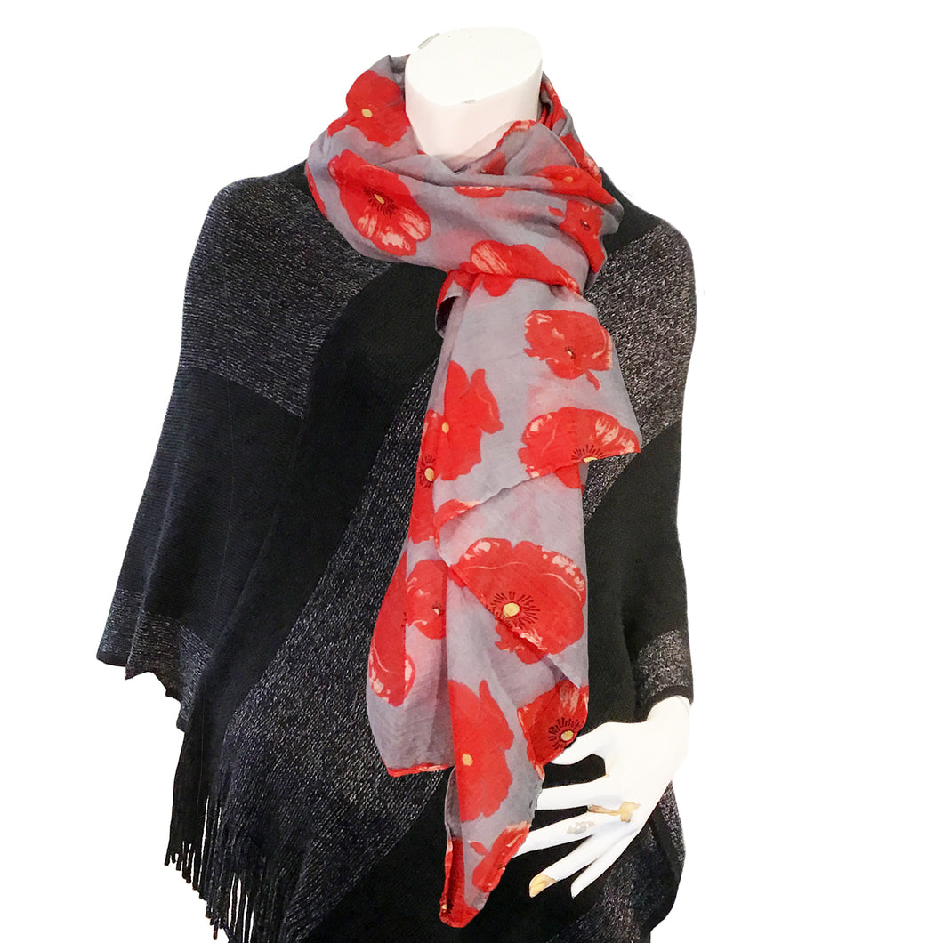 Ladies Fashion Long Scarf, Poppy Print, 4 Asst