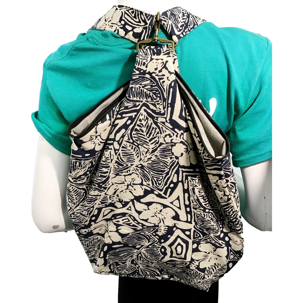 Floral Pattern Backpack, Navy/Tan