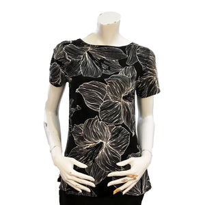 Holly Flower Print Boat Neck Top, Black