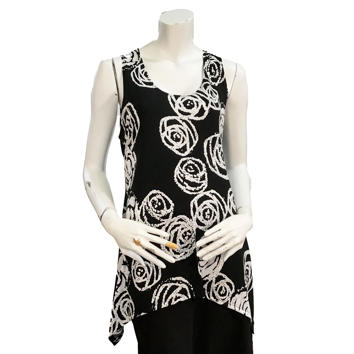 Kira Roses Print Asymmetrical Hem Tank Top, Black
