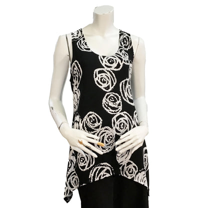 Kira Roses Print Asymmetrical Hem Tank Top, Black