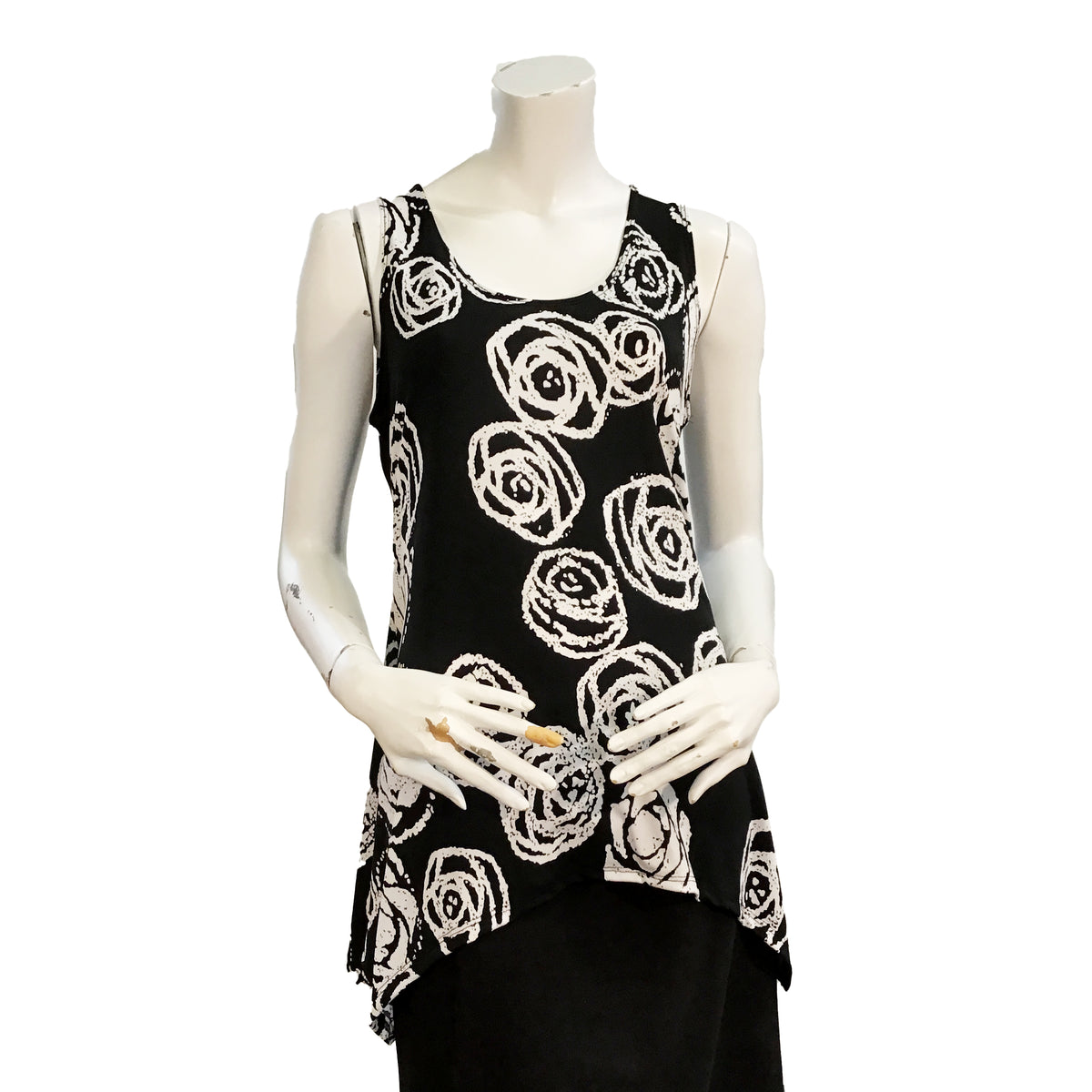 Kira Roses Print Asymmetrical Hem Tank Top, Black
