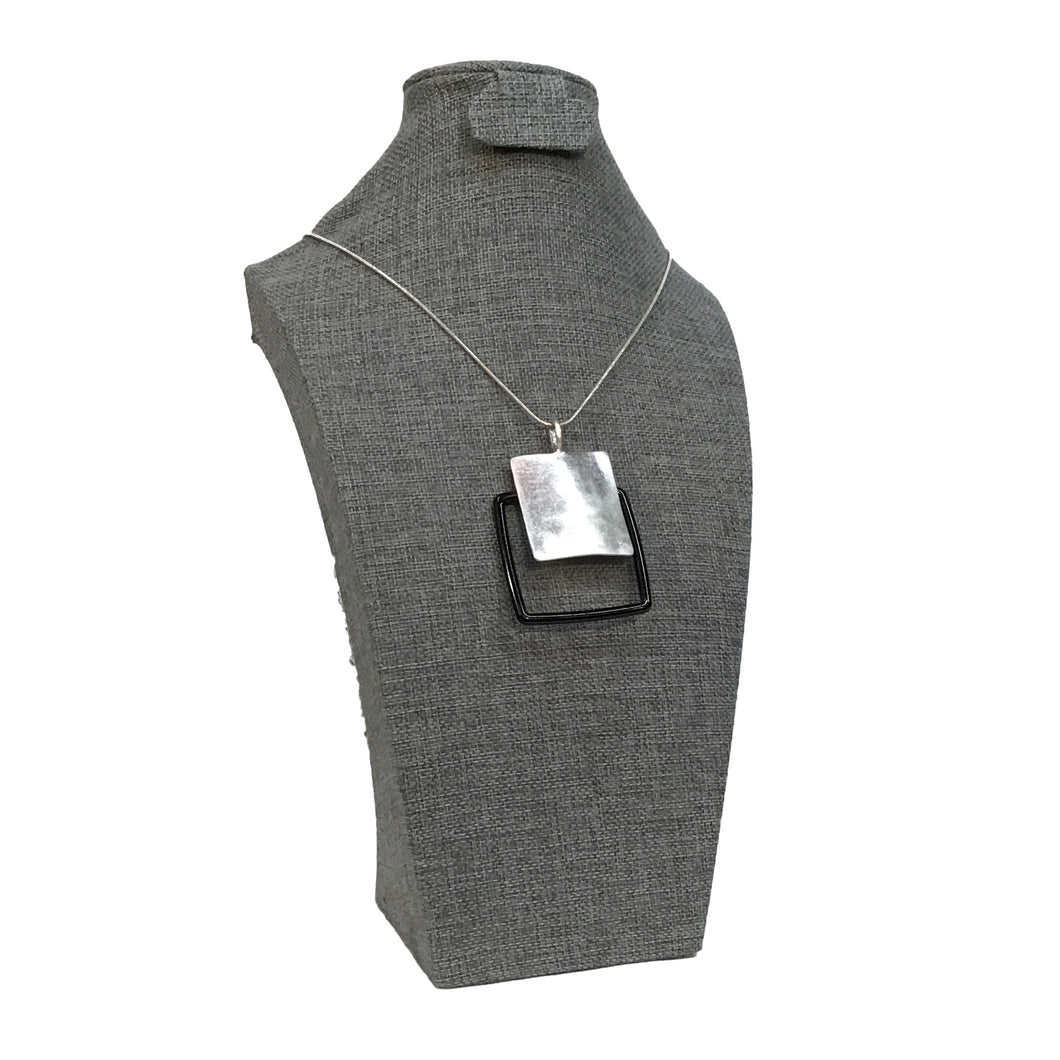 Double Square Pendant on Cord Necklace, Silver