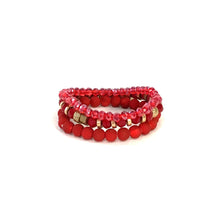 Load image into Gallery viewer, Gina Triple Strand Beaded Stretch Bracelet, Red
