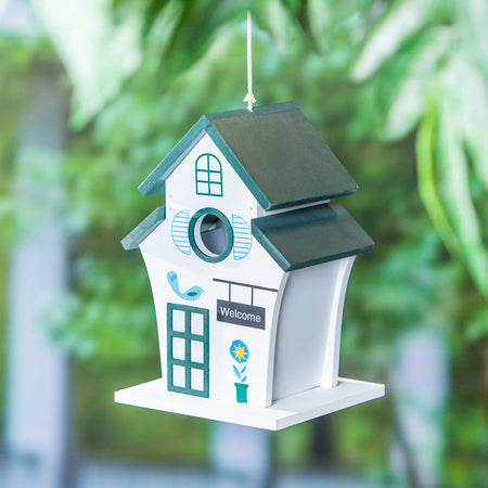 Wood Tiered Roof Birdhouse, Green & White
