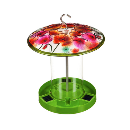 Glass Solar Bird Feeder, Floral w/ Green Base