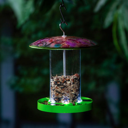 Glass Solar Bird Feeder, Floral w/ Green Base
