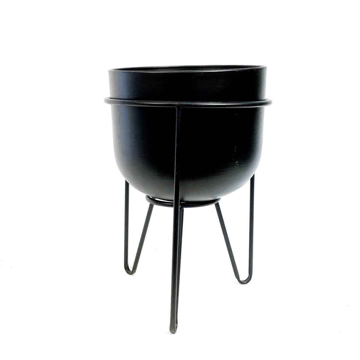 Planter, 8in, Metal, Black with Black Stand