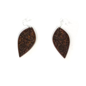 Tooled Leather Drop Earrings, Paisley, Brown