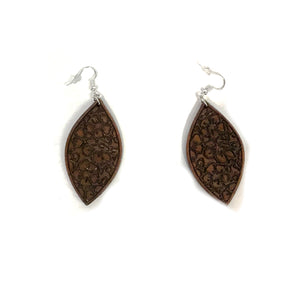 Tooled Leather Drop Earrings, Cherry Blossom Brown