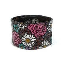 Load image into Gallery viewer, Stamped Leather Floral Cuff Bracelet, 1.5in Wide
