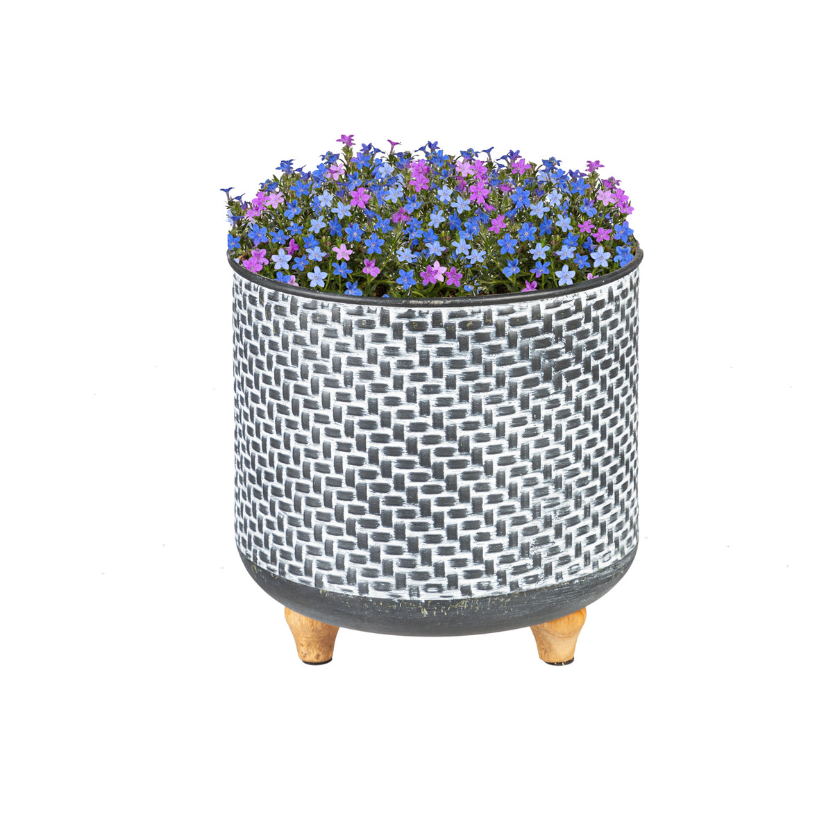 Planter, 9in, Metal with Wood Legs, Blue