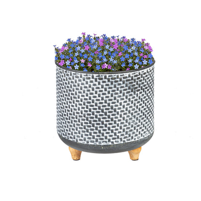 Planter, 9in, Metal with Wood Legs, Blue